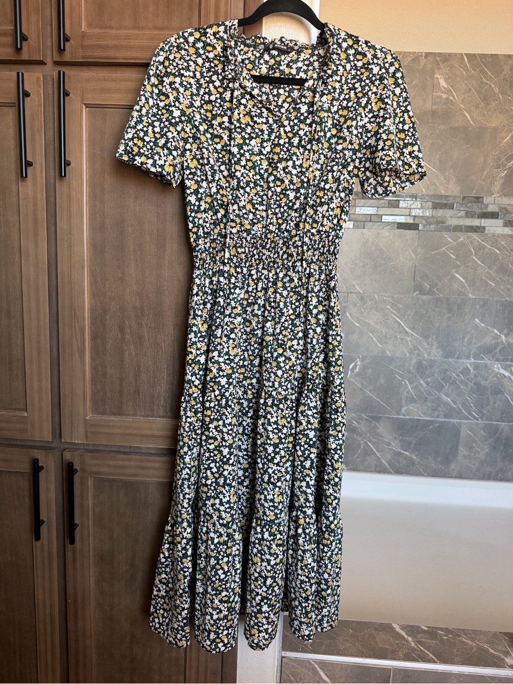 Floral Smocked Waist Midi Dress - Green/Yellow